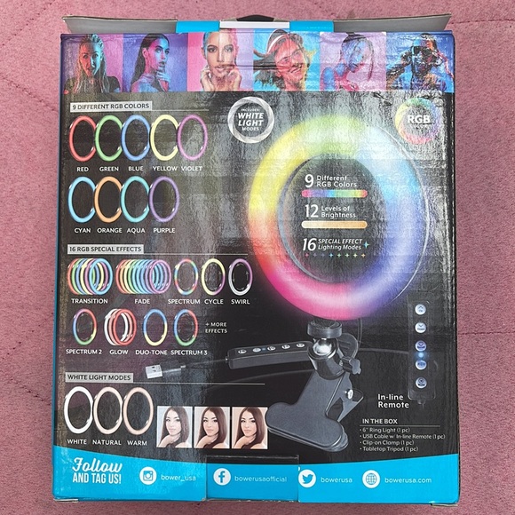 NIB  Bower Live streaming 6” RGB/white ring light Table tripod and clip … - Picture 3 of 6